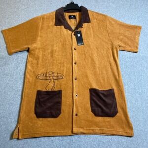 Standard Issue Terry Cloth Camp Shirt Women Small Tan Mushroom Embroidered Boho